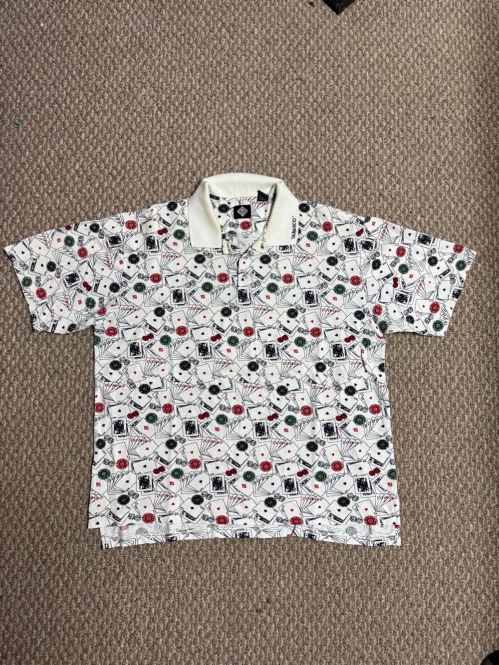 Tabasco Poker Chips and Cards Patterned Y2K Style White Golf Polo